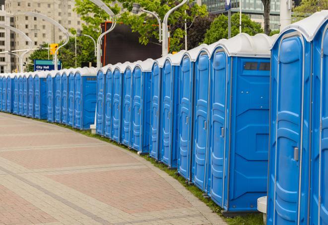 a line of spacious and well-maintained portable restrooms in Algona